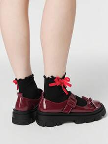 ROMWE Grunge Punk 女士坡跟厚底鞋 Diablo 摇滚朋克哥特风单扣玛丽珍小皮鞋 闭扣蝴蝶结甜美日式 JK 制服鞋 - 酒紅色亮皮 - 查看 2