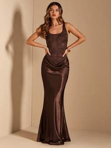 SHEIN BAE 棕色蕾丝拼接缎面腰部性感透视连衣裙，棕色连衣裙，婚礼宾客礼服，蕾丝连衣裙，优雅连衣裙 - 棕色 - 查看 1