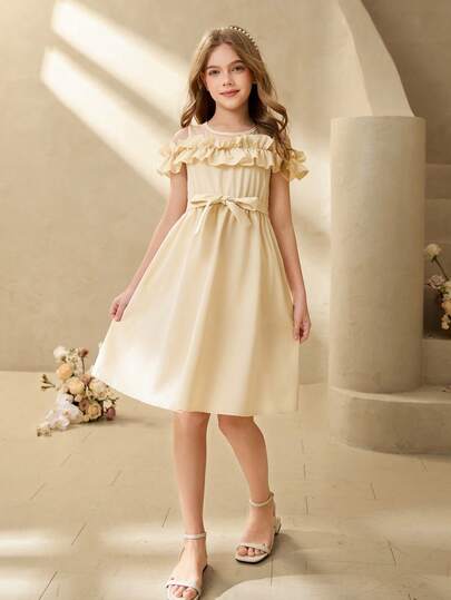 Tween Girl Solid Color Patchwork Ruffle Hem Mesh Elegant Dress
