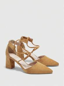 CUCCOO BIZCHIC 女士时尚杏色交叉绑带魔术贴尖头粗跟高跟鞋，适合通勤、约会、派对、节日、婚礼、情人节、春假、复活节、舞会等场合。 - 駝色 - 查看 7