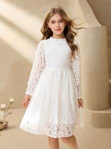 Tween Girl Ruffle Collar Floral Lace Long Sleeve Elegant Dress - White - View 5