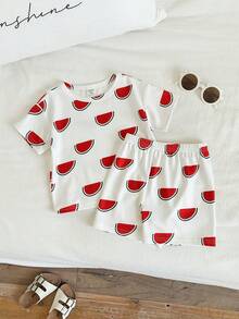 SHEIN 2pcs/Set Unisex Baby Watermelon Print Short Sleeve Pajamas Shorts Set, Casual Comfortable Summer Sleepwear - Multicolor - View 3