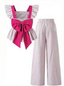 2pcs/Set Tween Girls Cute Vibrant Colorblock Spaghetti Strap Bow Ruffle Decor Short Sleeve Top And Straight Leg Pants Set, Casual Everyday & Outdoor Wear, Suitable For Spring/Summer - Pink - View 10