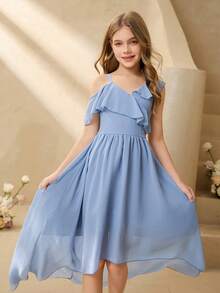 SHEIN 少女纯色荷叶边不对称领派对连衣裙 - 藍色 - 查看 5