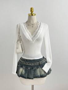 Elamini 甜美可爱蕾丝拼接深V修身长袖T恤，淡粉色，春季 - 白色 - 查看 5