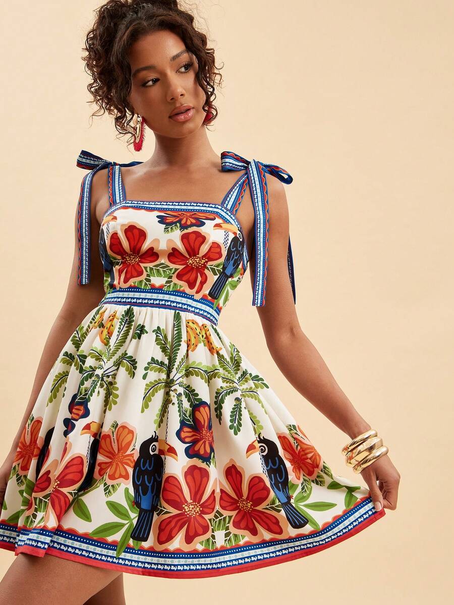 Travachic 春夏度假风梭织印花系带迷你连衣裙（女款） - 彩色 - 查看 1