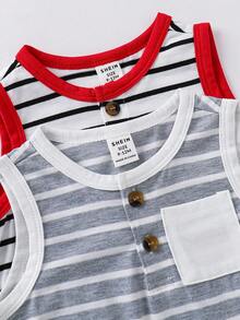 2pcs/Set Baby Boy/Girl Casual Striped Contrast Color Romper Set, Suitable For Spring & Summer - Multicolor - View 3