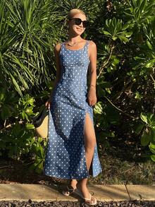 DAZY Vestido de tirantes con estampado de lunares para mujer, vestido vaquero de estilo casual para vacaciones - Azul lavado medio - Ver 7