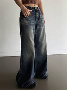 DAZY Jeans de tiro bajo con campana para mujer, casuales y sexys estilo Y2K - Azul lavado oscuro - Ver 2