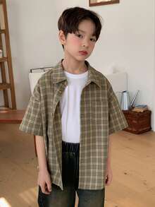 DAZY Áo sơ mi ngắn tay kẻ caro dáng casual cho bé trai tuổi teen, mùa hè. - Màu Khaki - Xem 2