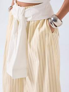 LYSMO Women's Striped Knotted Casual Versatile Wide Leg Pants For Daily Wear - Yellow - View 7