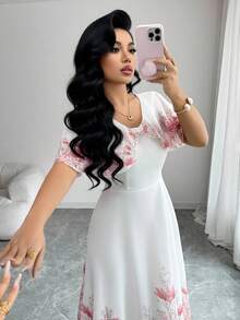 Modelyn Vestido de gasa con estampado floral y cuello en V para mujer, vestido elegante y romántico para vacaciones - Multicolor - Ver 3