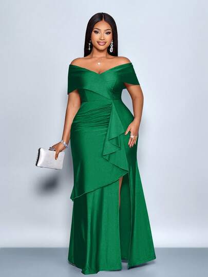 SOLERSUN Vestido azul marino elegante con hombros descubiertos y volantes en el bajo para mujer de talla grande, adecuado para fiestas de Navidad, vacaciones, citas y San Valentín, atuendos de club sexy, vestido largo, vestido elegante para mujer, vestido de fiesta, vestido formal, vestido blanco, vestido de noche de lujo para mujer, vestido de invitada de boda, 2026, Año Nuevo