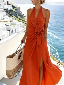 Breezaya Burnt Orange Summer Elegant Tropical Holiday Vacation, V-Neck Wrap Cinched Waist Ruched Midi Dress, Women's French Chic Greece Resort Wear - Orange - View 2