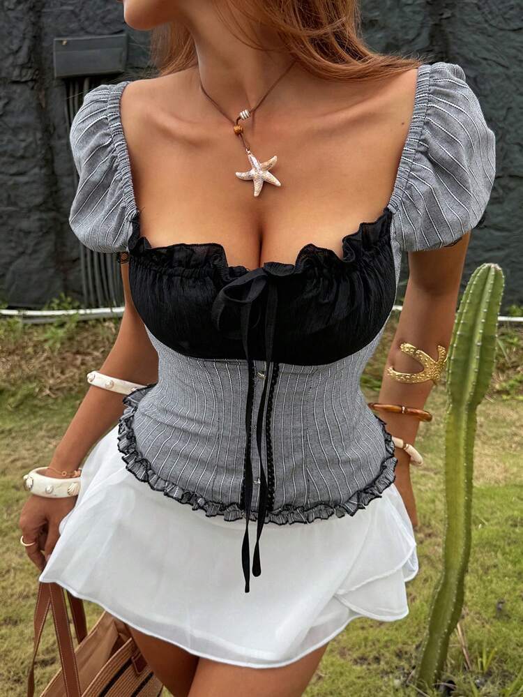 Spring & Summer Striped Color Block Ruffle Trim Blouse, Casual Vacation Beach Crop Top With Front Tie Waist, Short Sleeve Women Shirt