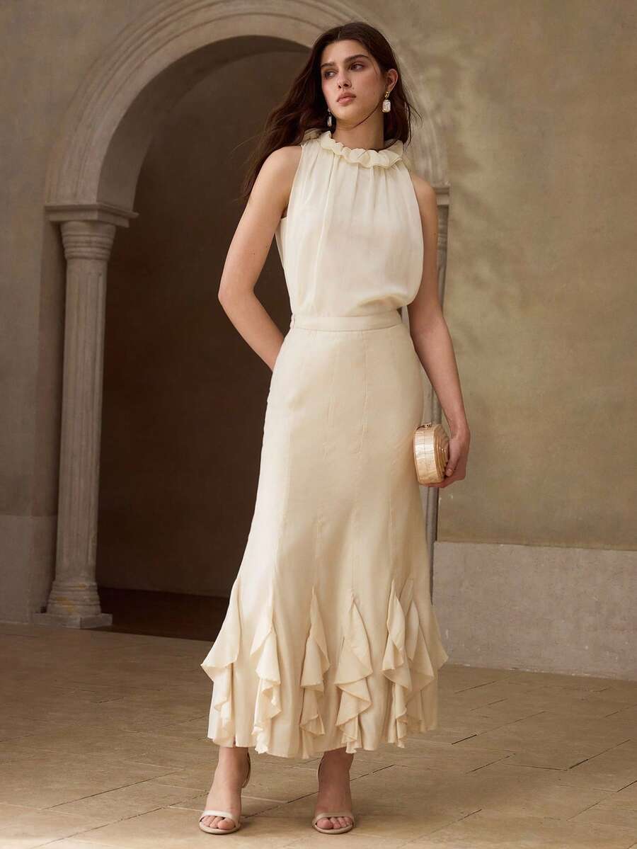 MOTF PREMIUM 女士荷叶边美人鱼裙 - 米色 - 查看 1