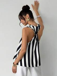 Firerie 女士优雅通勤OL音乐节海滩度假嘉年华条纹露背上衣，V领条纹吊带背心，百搭夏季单品。女士假日装，黑白斜条纹，母亲节礼物，春夏必备，海滩休闲，外出上衣 - 黑與白 - 查看 3