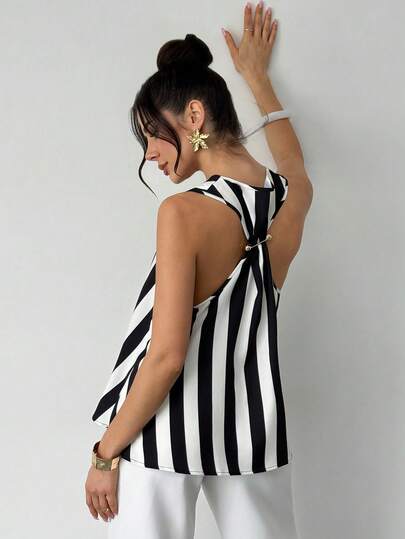 Firerie Women's Elegant Commute OL Music Festival Beach Vacation Carnival Striped Backless Blouse