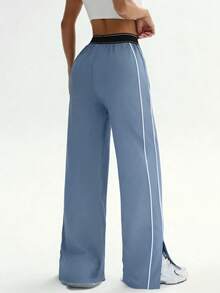 Dewbera 女士宽松直筒运动裤，带口袋，撞色条纹腰带，高弹力，适合日常休闲穿着、跑步、瑜伽、健身、网球、高尔夫等运动，秋冬季款。 - 藍色 - 查看 3