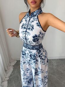 Elenzga Women's Blue Digital Positioning Print Halter Sleeveless Pleated Wide Leg Pants, Relaxed Fit High-End Elegant Fitted Jumpsuit, Spring/Summer - Blue - View 4