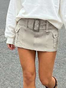 SHEIN ICON Chân váy denim ngắn cạp thấp thắt lưng phong cách thường ngày mùa hè dành cho nữ - Màu be - Xem 5