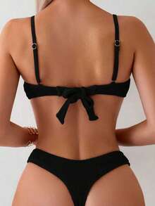 SHEIN Swim Bộ Bikini hai mảnh họa tiết màu trơn, đi biển mùa hè - màu đen - Xem 2