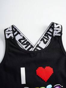 Tetris™ X SHEIN 女童字母爱心印花T恤和裤子休闲套装 - 黑色 - 查看 4