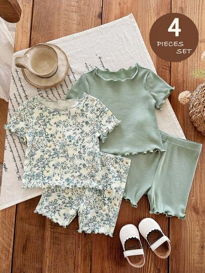 SHEIN LMoss Kids 4件套女婴碎花圆领短袖短裤针织睡衣套装
