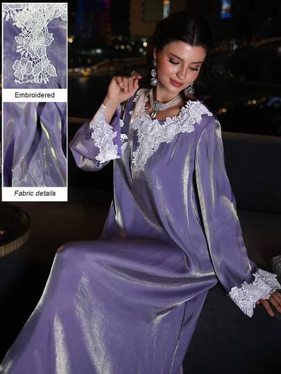 Layrah 女士亮面优雅V领刺绣荷叶边宽松喇叭长袍