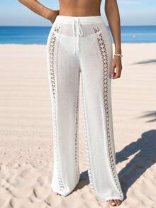 Swim Vcay Set di copricostume e pantaloni da donna per vacanza, in tinta unita, con design traforato e laccio in vita - Bianco - Visualizzare 4