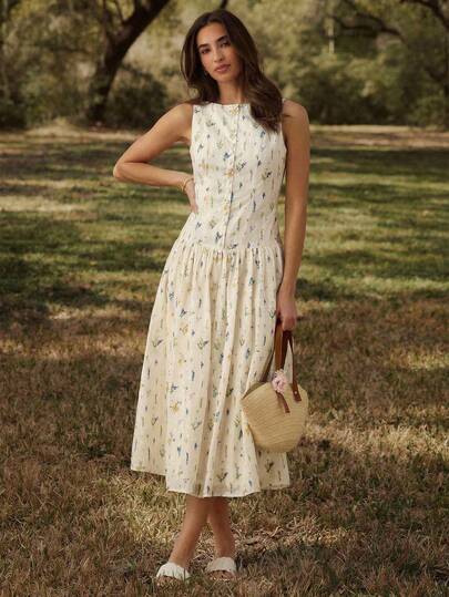 Enchnt Fall/Winter Romantic Women's Apricot Floral Print&Eyelet Hollow Embroidery Sleeveless Long Dress,Sweet&Elegant For Vacation&Date&Holiday&Going Out,Spring Outfit Women