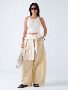 LYSMO Women's Striped Knotted Casual Versatile Wide Leg Pants For Daily Wear - Yellow - View 6