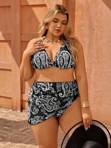 Swim Vcay Plus Size Women's 3-Piece Bikini Set With Mesh Skirt, Digital Floral Print, Adjustable Halter Neck, Suitable For Beach, Party, Vacation Bikini Set For Women Plus Size Plus Size Bathing Suits Women 2 Pieces 3 Pieces Swimwear Set Curve Plus Size High Waisted Swimwear High Waist Bikini Set - Black - View 4