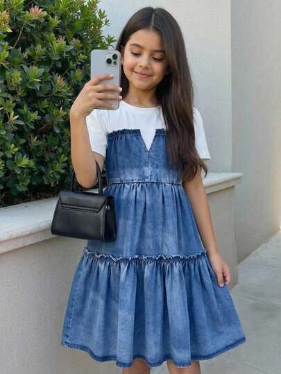 Girls Denim Patchwork Short Sleeve Ruffle Hem Dress, Suitable For Spring/Summer, Everyday Wear