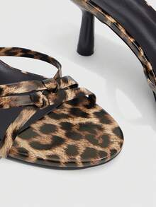 CUCCOO SZL 豹纹PU交叉绑带时尚通勤日常圆头高跟凉鞋，女士款 - 棕色豹紋 - 查看 6