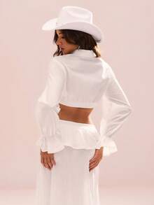 TypaGal Women's Fashionable Versatile Solid Color Mini Shirt White Cropped Shirt Cropped Button Up - White - View 2