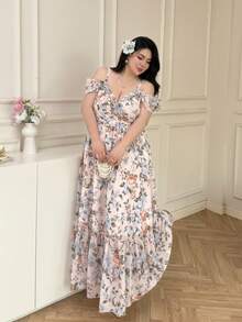 Vibekara Đầm maxi trễ vai hai dây in hoa cỡ lớn, kiểu dáng nghỉ mát, mùa xuân/hè. - Màu be - Xem 5