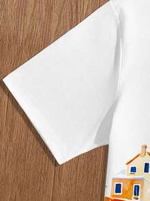 Manfinity Joysei 男士休闲度假涂鸦建筑印花宽松短款上衣，适合夏季外出穿着 - 白色 - 查看 3