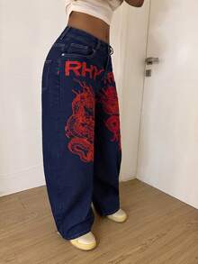 StreetHx 女士时尚休闲刺绣阔腿喇叭牛仔裤 - 深色水洗藍 - 查看 3