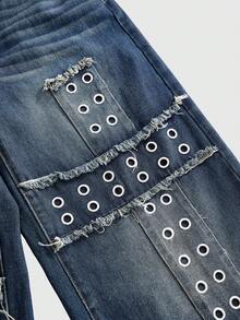 ROMWE Grunge Punk Punk Metal Rivet Studded Cross Embroidered Loose Wide-Leg Jeans - Blue - View 4