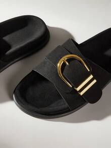 Women's Fashion Brown Comfortable Flat Beach Sandals For Christmas Summer Shoes - Black - View 5