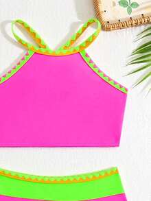 新款时尚少女纯色撞色两件式比基尼泳衣，细肩带 - 彩色 - 查看 4