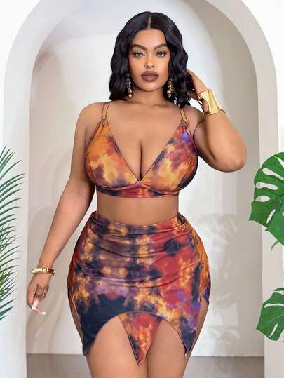 Swim SXY Plus Size Women Leopard Print Halter Neck Top With Triangle Bottoms And Asymmetric Skirt Swimwear Set