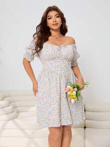 Solflare Frühlings-/Sommer-Neuheit, lässiger Alltags-Pendler-Party-Anzug, geeignet für Hochzeit, Musikfestival, Schulanfang, Abschluss, Urlaub, Streetwear, Erkundung, Stadtbummel, Mehrzweck-Kleidung, kann als Oberbekleidung oder Layering getragen werden, Off-Shoulder, aufgeblähte Ärmel, romantischer französischer Stil mit gelb-blau-rosa Blümchen, taillierend, geraffter Brustbund, kurzes Kleid in Große Größen - Verschiedenfarbig - Übersicht 6