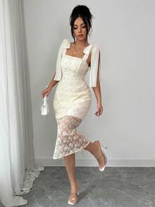 Elenzga Women's Lace Patchwork Shoulder Knot Elegant Waist Cinched Midi Party Dress - Multicolor - View 4