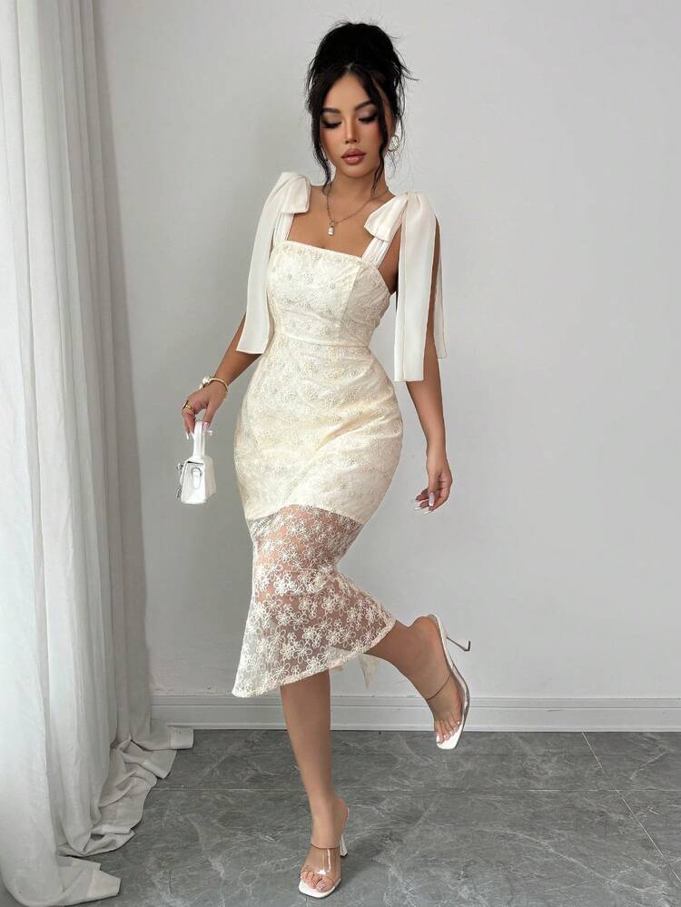 Elenzga Vestido de fiesta midi elegante con cintura ceñida, parches de encaje y nudo en el hombro para mujer - Multicolor - Añade 4
