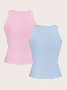 SHEIN EZwear 女士性感露脐吊带背心，适合夏季，浅粉色和浅蓝色系，粉嫩紧身款，修身款，夏季上衣 - 彩色 - 查看 2