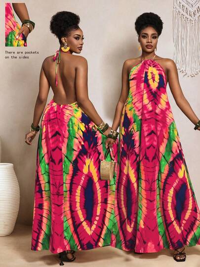 BamGleam 度假休闲扎染印花露背连衣裙