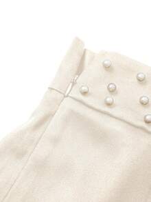 SHEIN Franclia Women's Elegant Commuter Pearl Embellished Wide Leg Pants - Apricot - View 6