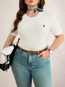 Comfylo Plus Size Women's White Cable Knit Top,Summer Casual Short Sleeve Round Neck Pullover,Knight Pattern Slim Fit Sweater For School & Back-To-School - White - View 9